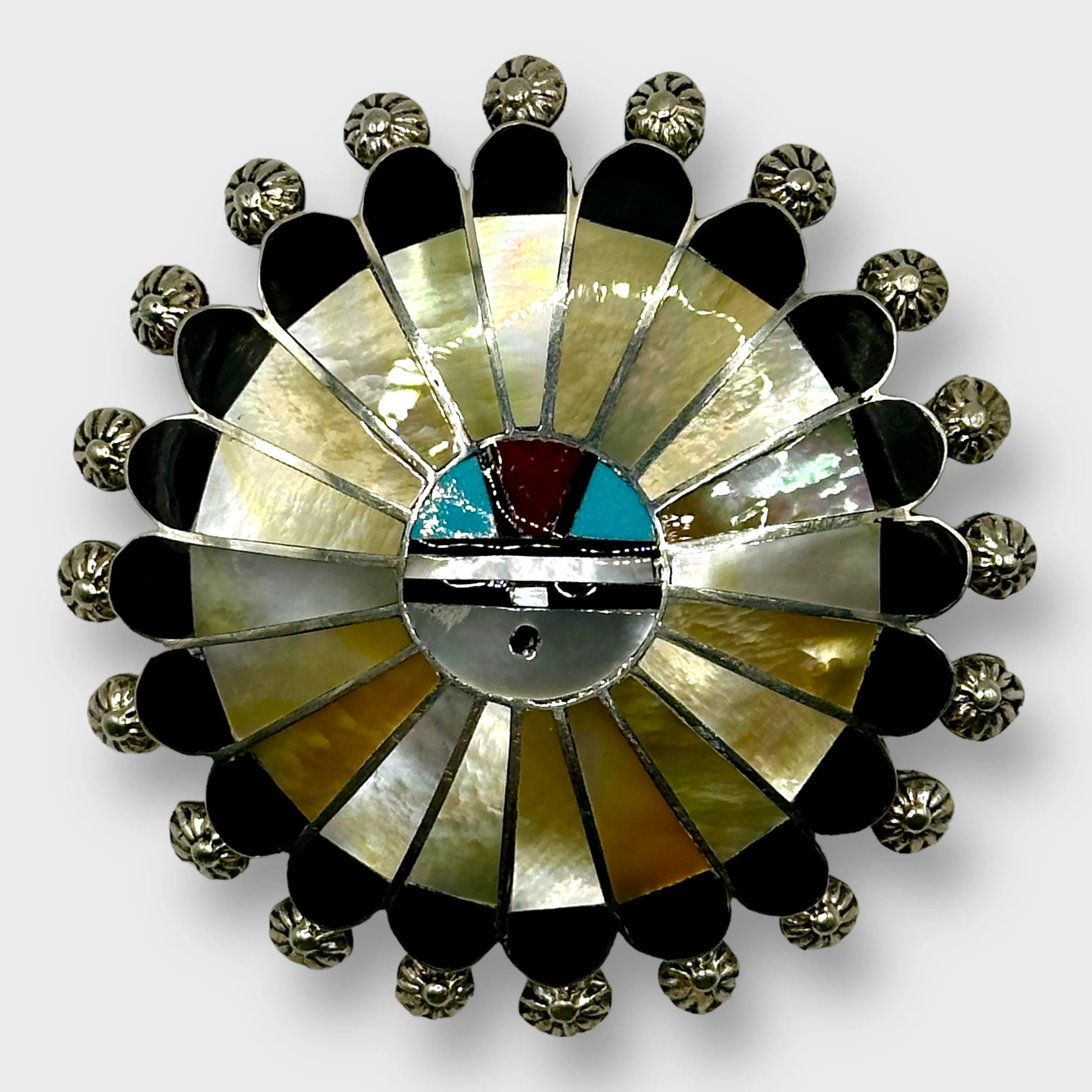 Sterling Silver Zuni Handmade Inlay Multi-Stone and Shells Round Sun Face Pin and Pendant