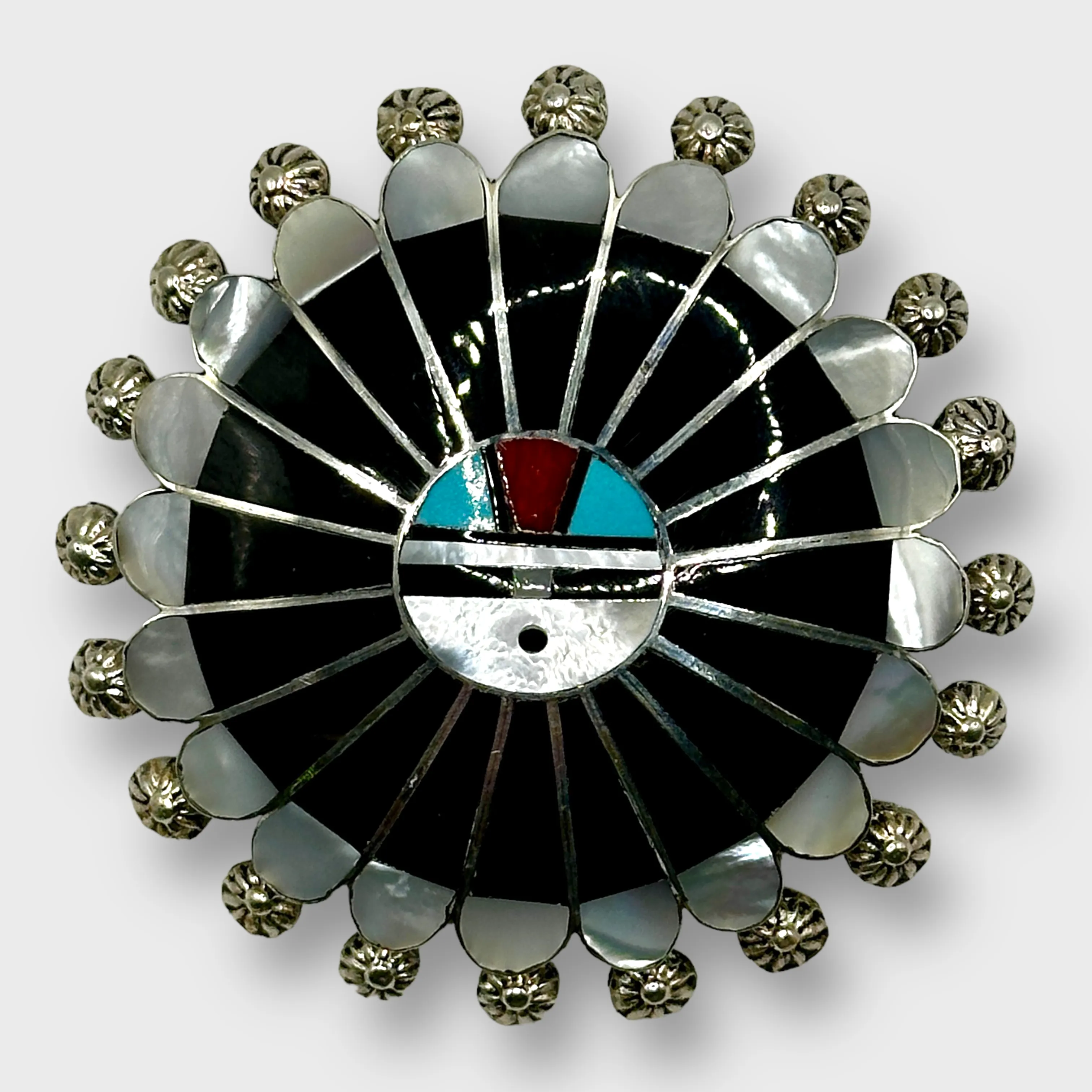 Sterling Silver Zuni Handmade Inlay Multi-Stone and Shells Round Sun Face Pin and Pendant