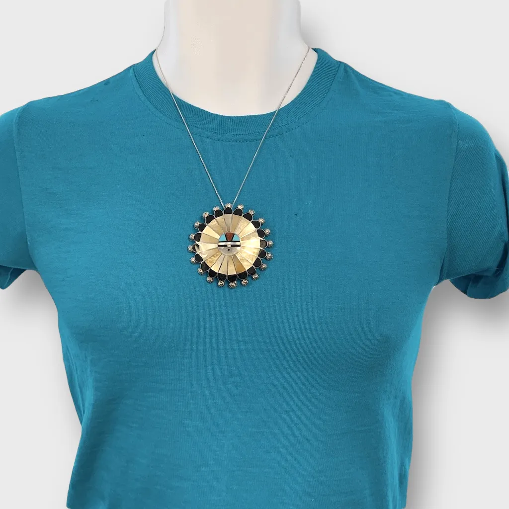 Sterling Silver Zuni Handmade Inlay Multi-Stone and Shells Round Sun Face Pin and Pendant