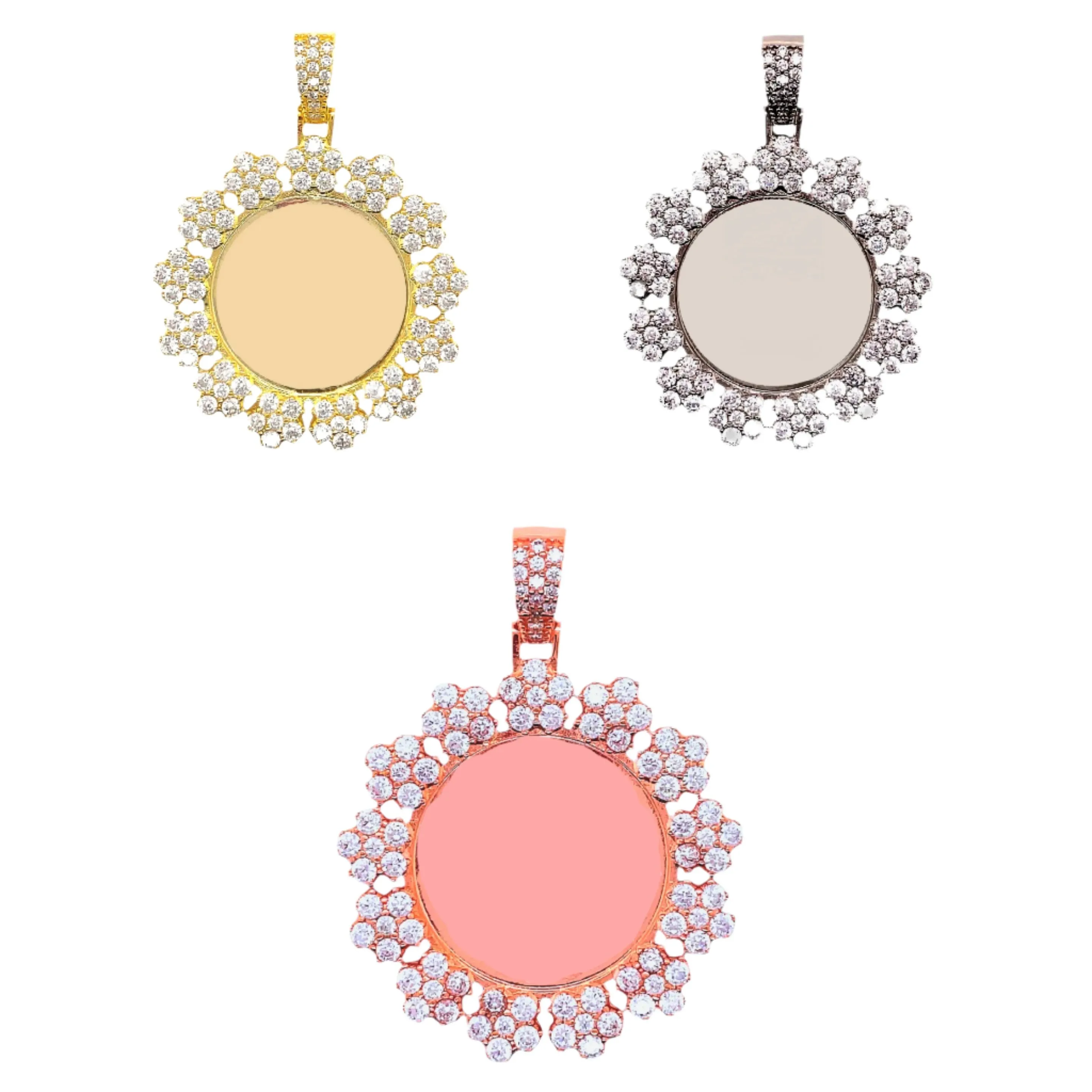 Sterling Zirconia Floral Round 2" Picture Charm Pendant Unisex Specialized Gift - C414179