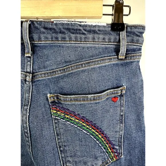 SUNDRY Women's Embroidered Love Rainbow Cropped Denim Jeans Blue Size 27