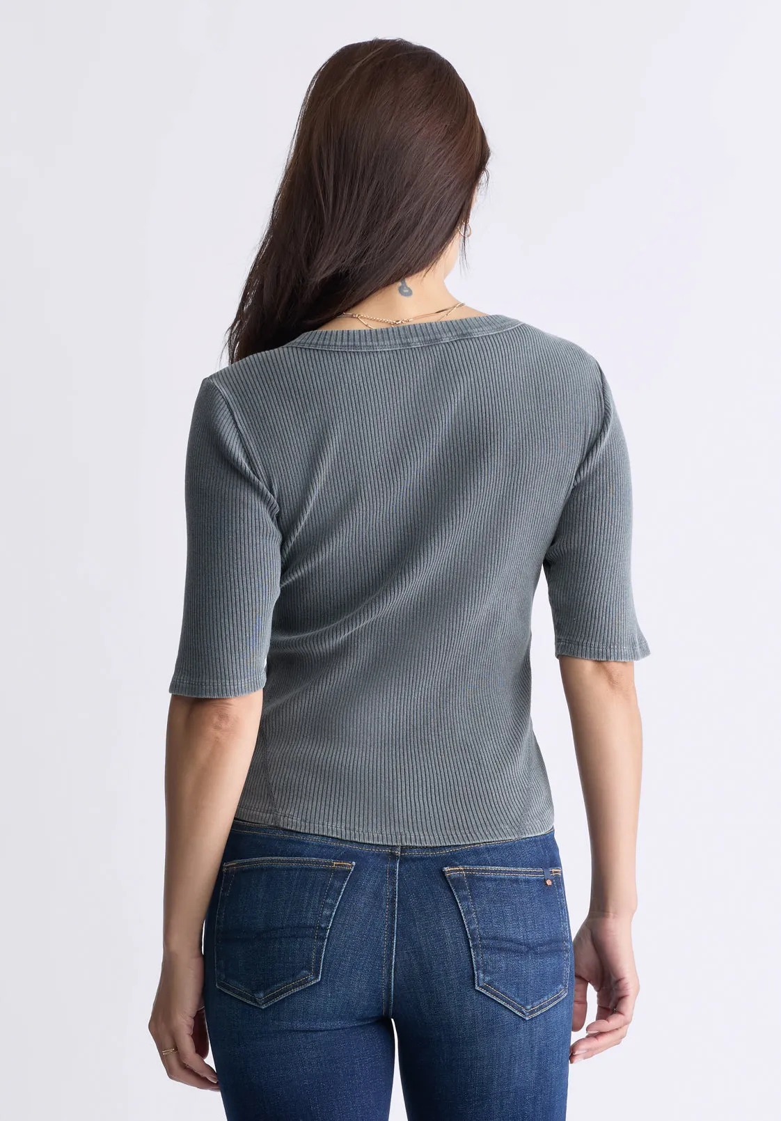 Tabbey Women's Elbow-Length Sleeve Ribbed Top, Raven Grey  - KT0152F