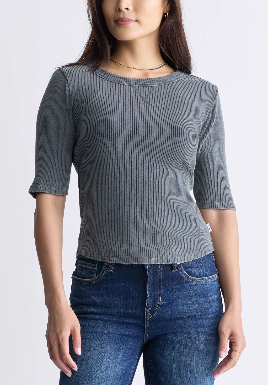 Tabbey Women's Elbow-Length Sleeve Ribbed Top, Raven Grey  - KT0152F