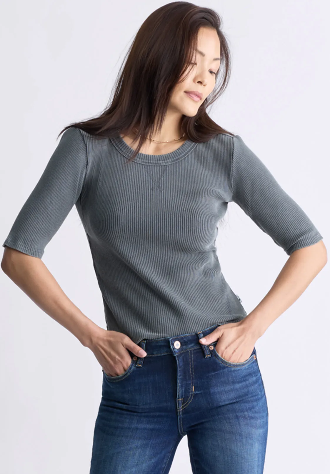Tabbey Women's Elbow-Length Sleeve Ribbed Top, Raven Grey  - KT0152F