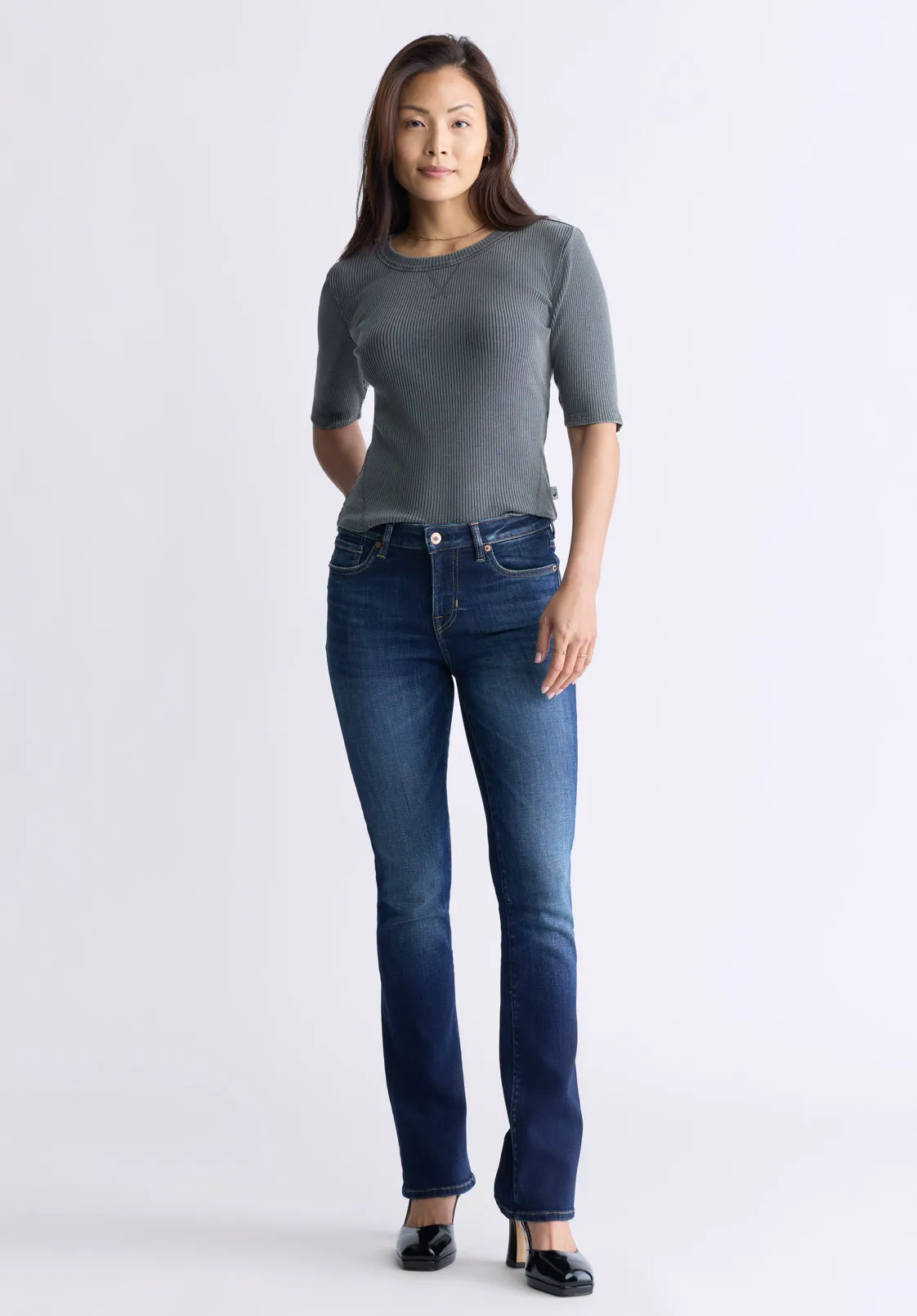 Tabbey Women's Elbow-Length Sleeve Ribbed Top, Raven Grey  - KT0152F