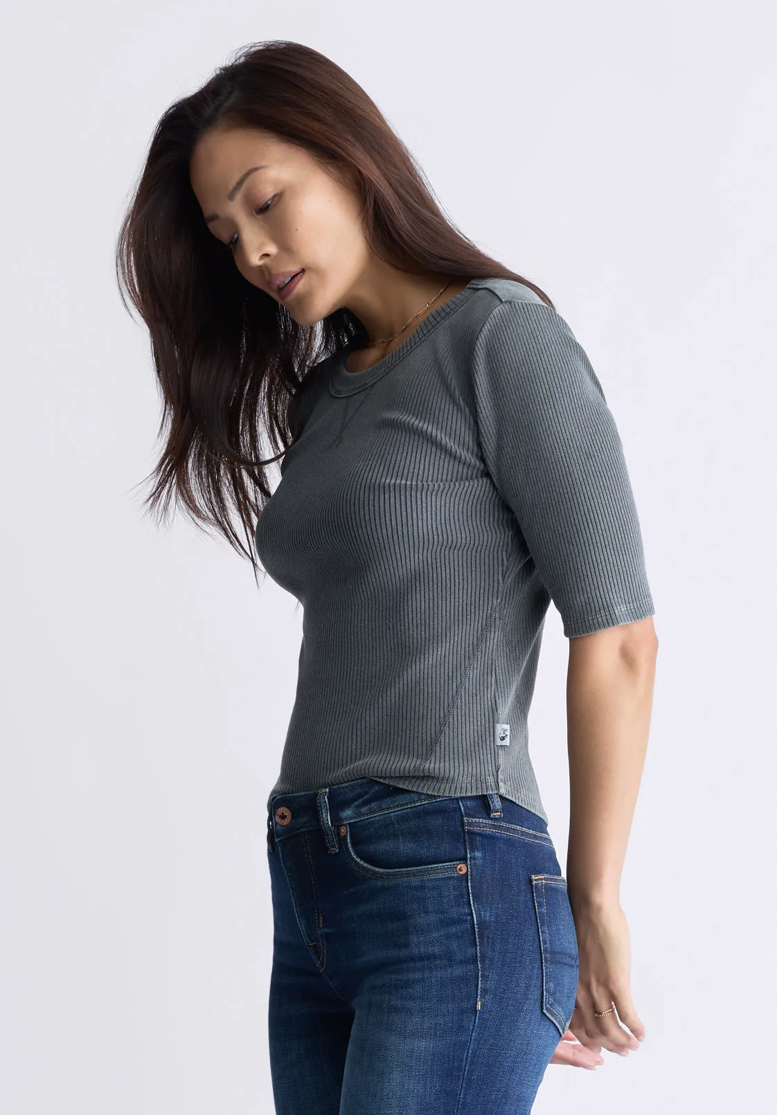 Tabbey Women's Elbow-Length Sleeve Ribbed Top, Raven Grey  - KT0152F
