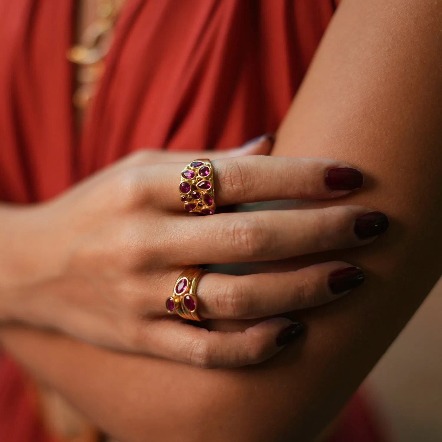Teardrop Ruby Stone & Gold Adjustable Statement Ring
