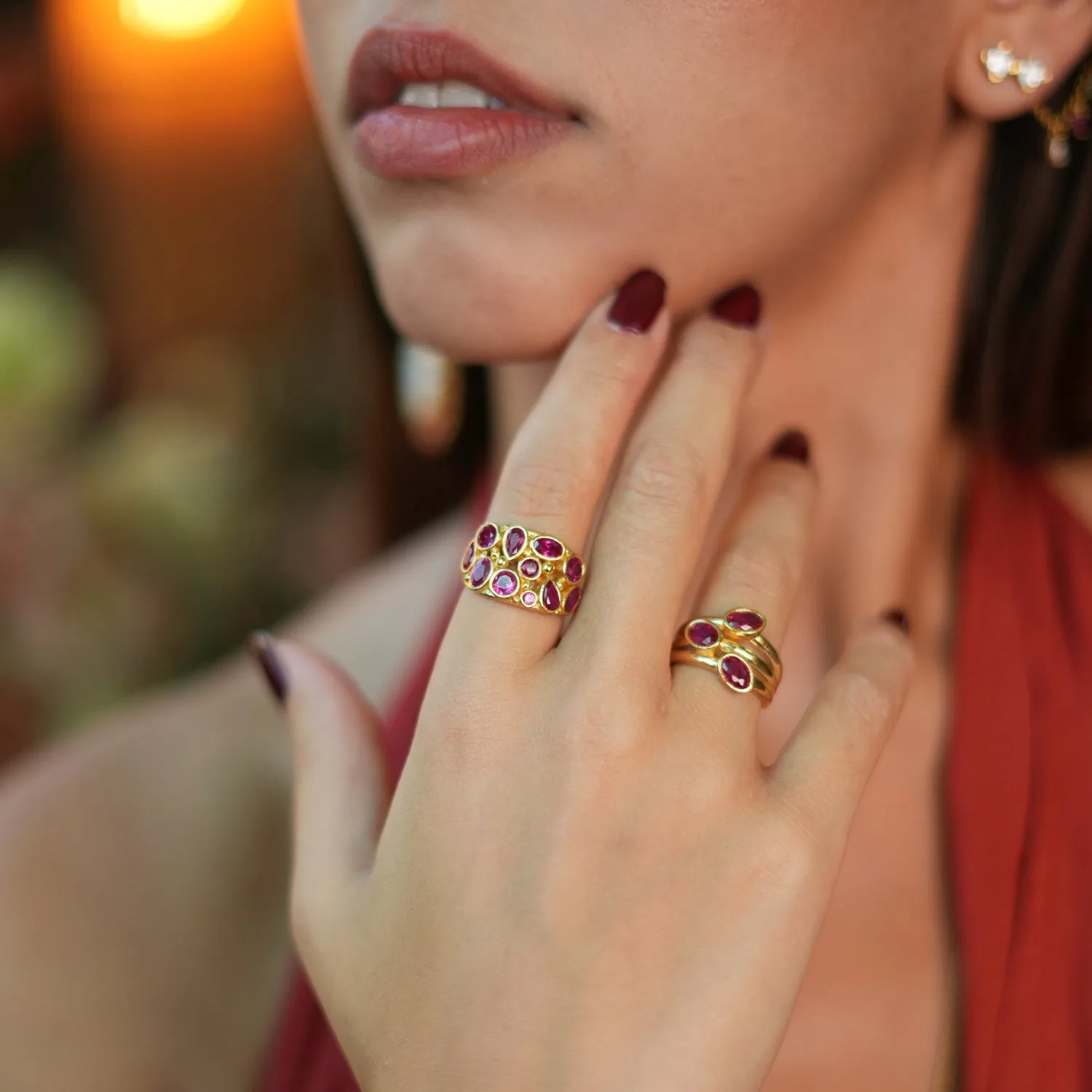 Teardrop Ruby Stone & Gold Adjustable Statement Ring