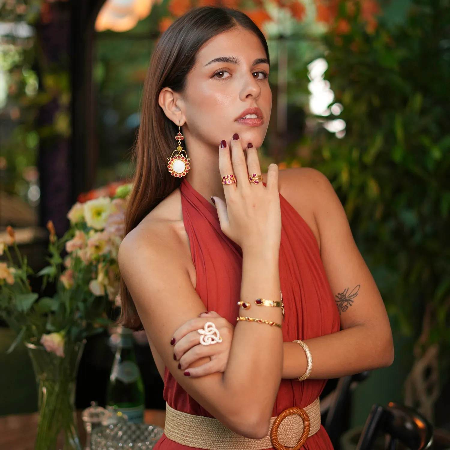 Teardrop Ruby Stone & Gold Adjustable Statement Ring