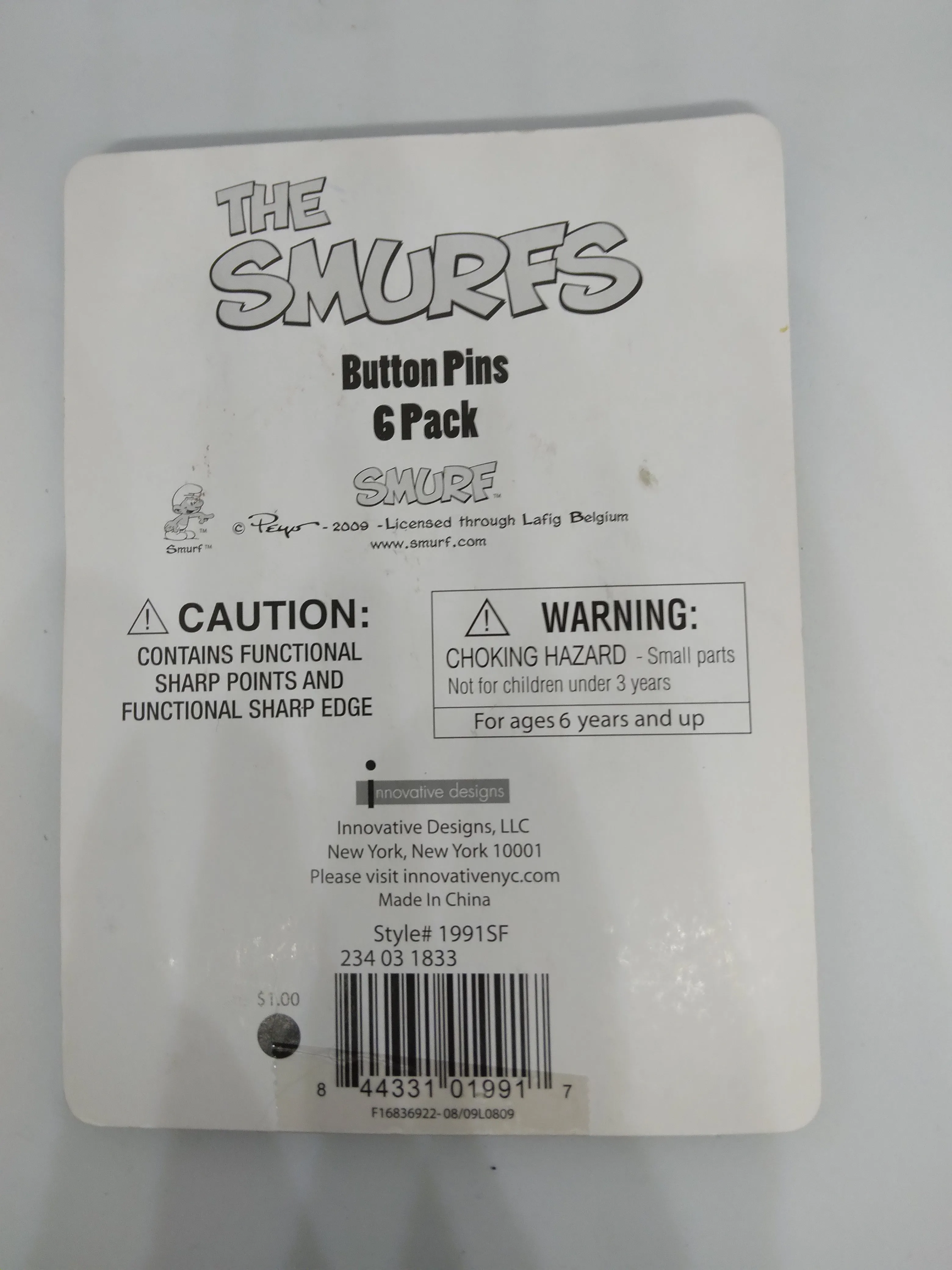 The Smurfs 6 pack of Button Pins