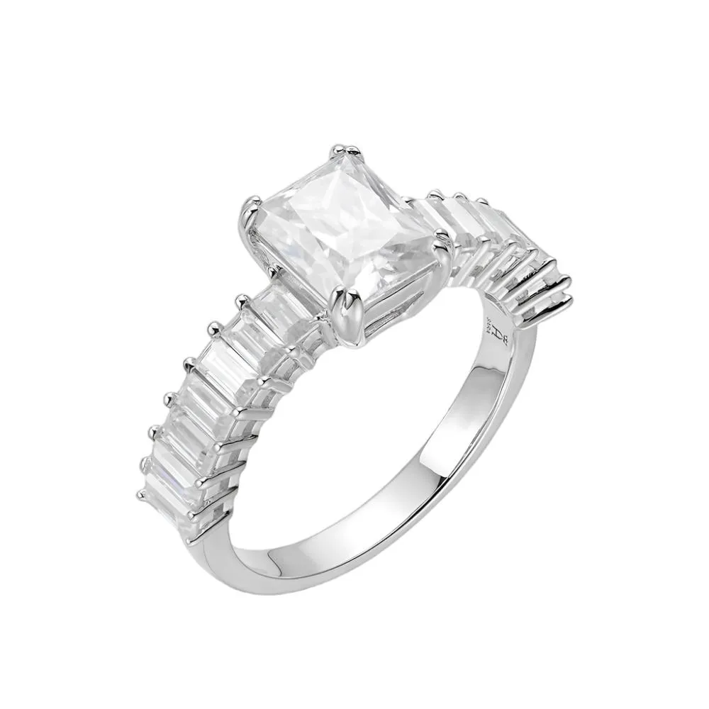 Timeless Radiant Cut Silver Ring with Baguette Cubic Zirconia - C102799