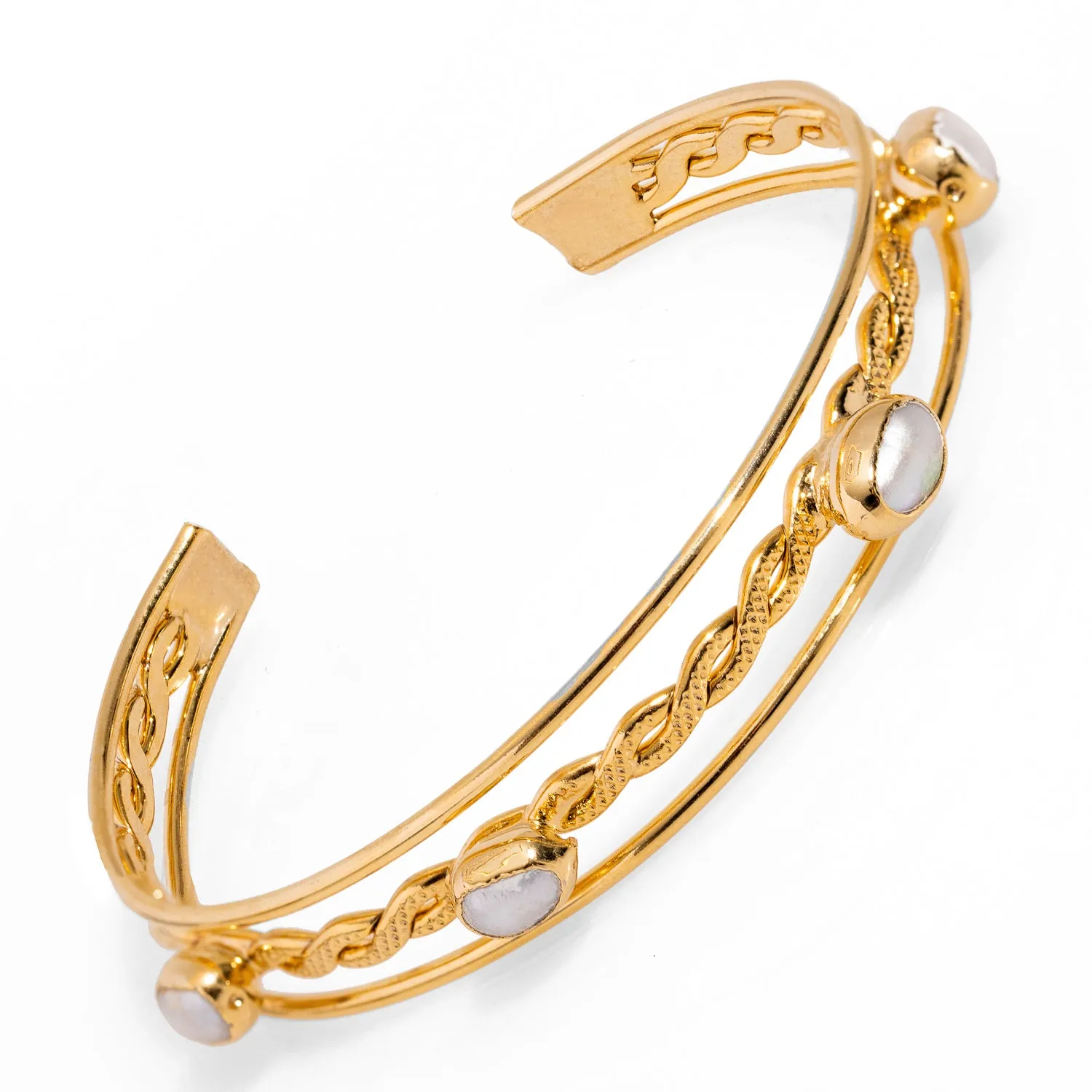 Trio Bubble Pearl Gold Cuff Statement Bracelet