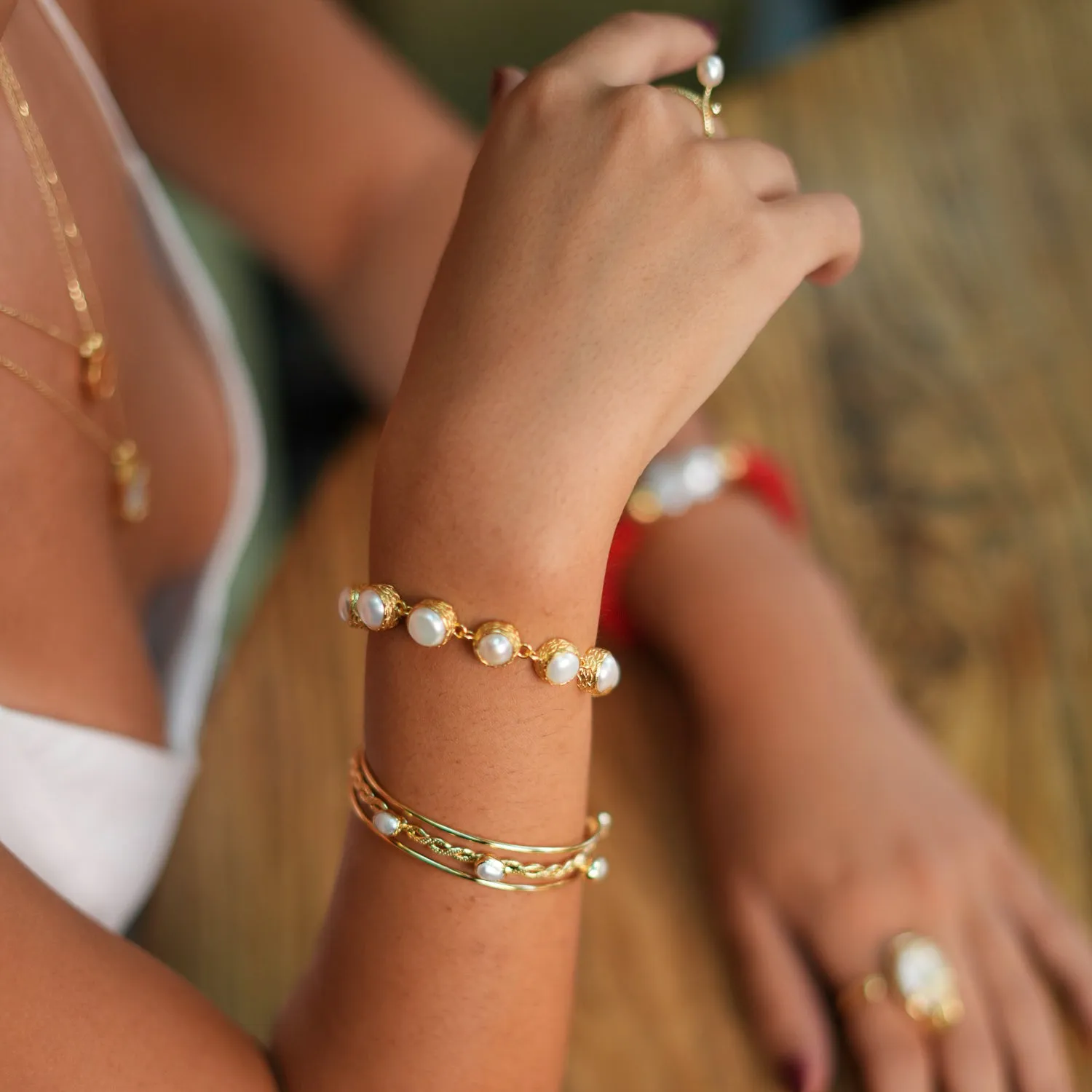 Trio Bubble Pearl Gold Cuff Statement Bracelet
