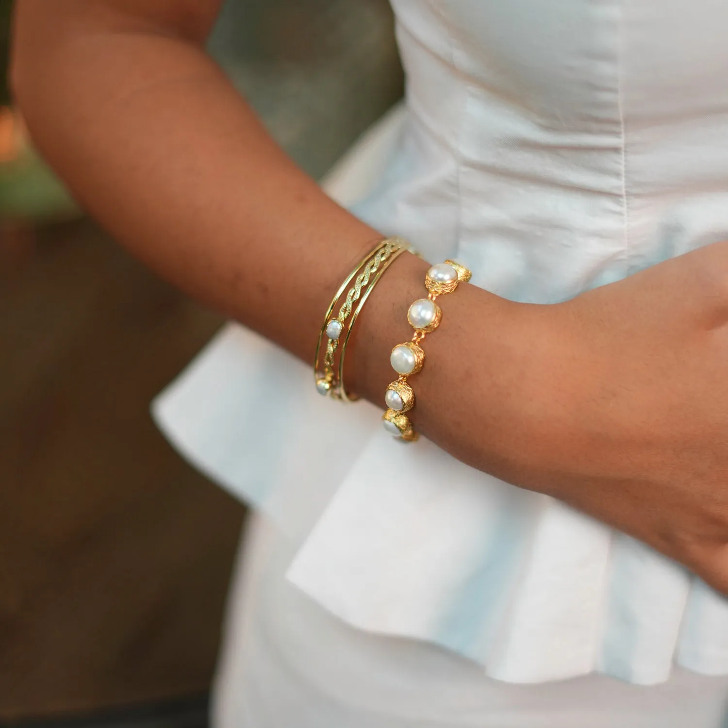 Trio Bubble Pearl Gold Cuff Statement Bracelet