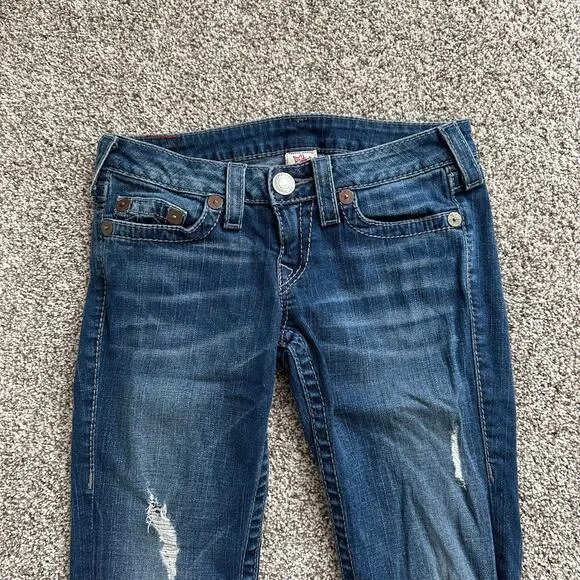 True Religion medium wash distressed skinny low-rise jeans size 27