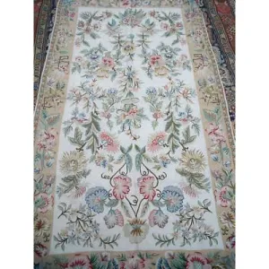 Vintage Wool Rug Hand  Made Floral 44"X83" Suffering Moses Srinagar Kashmir 1959