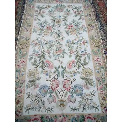 Vintage Wool Rug Hand  Made Floral 44"X83" Suffering Moses Srinagar Kashmir 1959