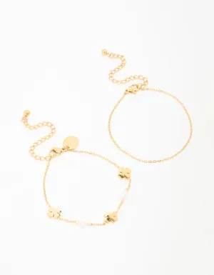 Waterproof Gold Plated Stainless Steel Clover & Pearl Bracelets 2-Pack