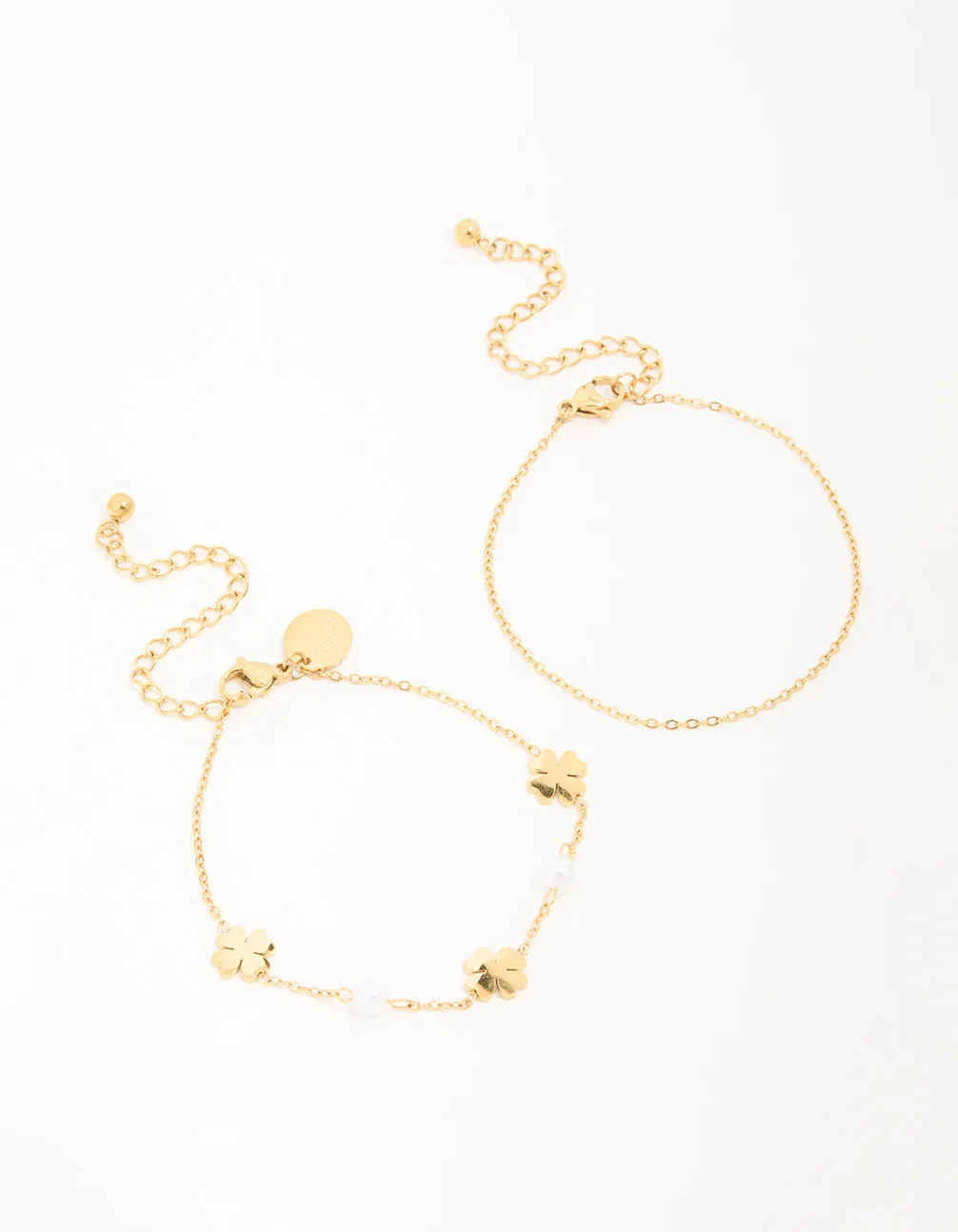Waterproof Gold Plated Stainless Steel Clover & Pearl Bracelets 2-Pack