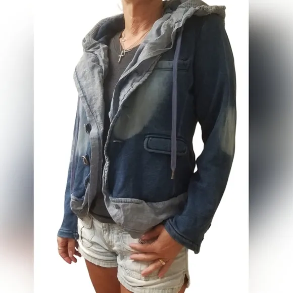 We the Free / Free People distressed soft jean denim cotton hooded blazer jacket
