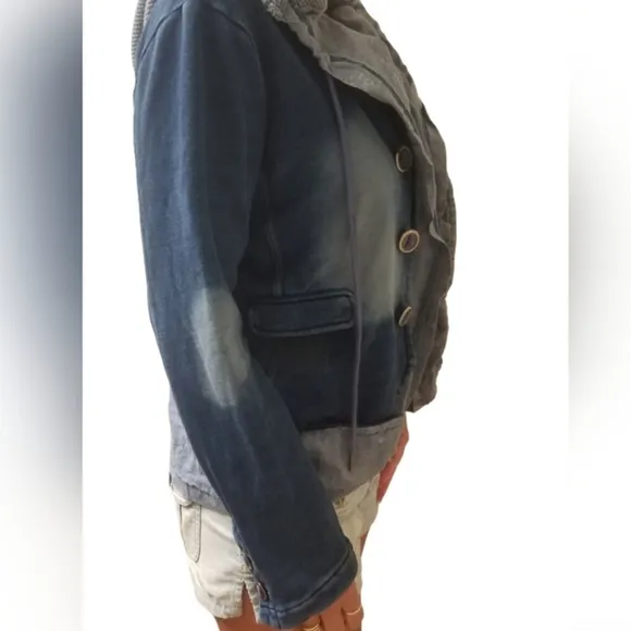 We the Free / Free People distressed soft jean denim cotton hooded blazer jacket