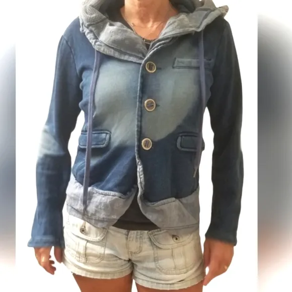 We the Free / Free People distressed soft jean denim cotton hooded blazer jacket