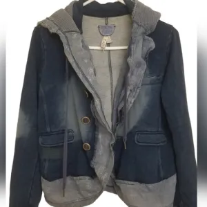 We the Free / Free People distressed soft jean denim cotton hooded blazer jacket