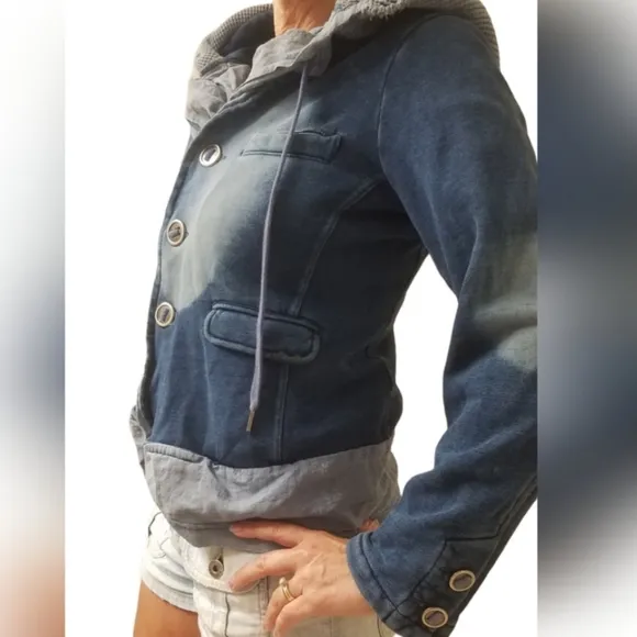 We the Free / Free People distressed soft jean denim cotton hooded blazer jacket