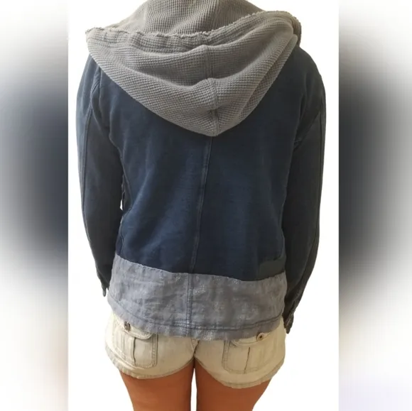 We the Free / Free People distressed soft jean denim cotton hooded blazer jacket