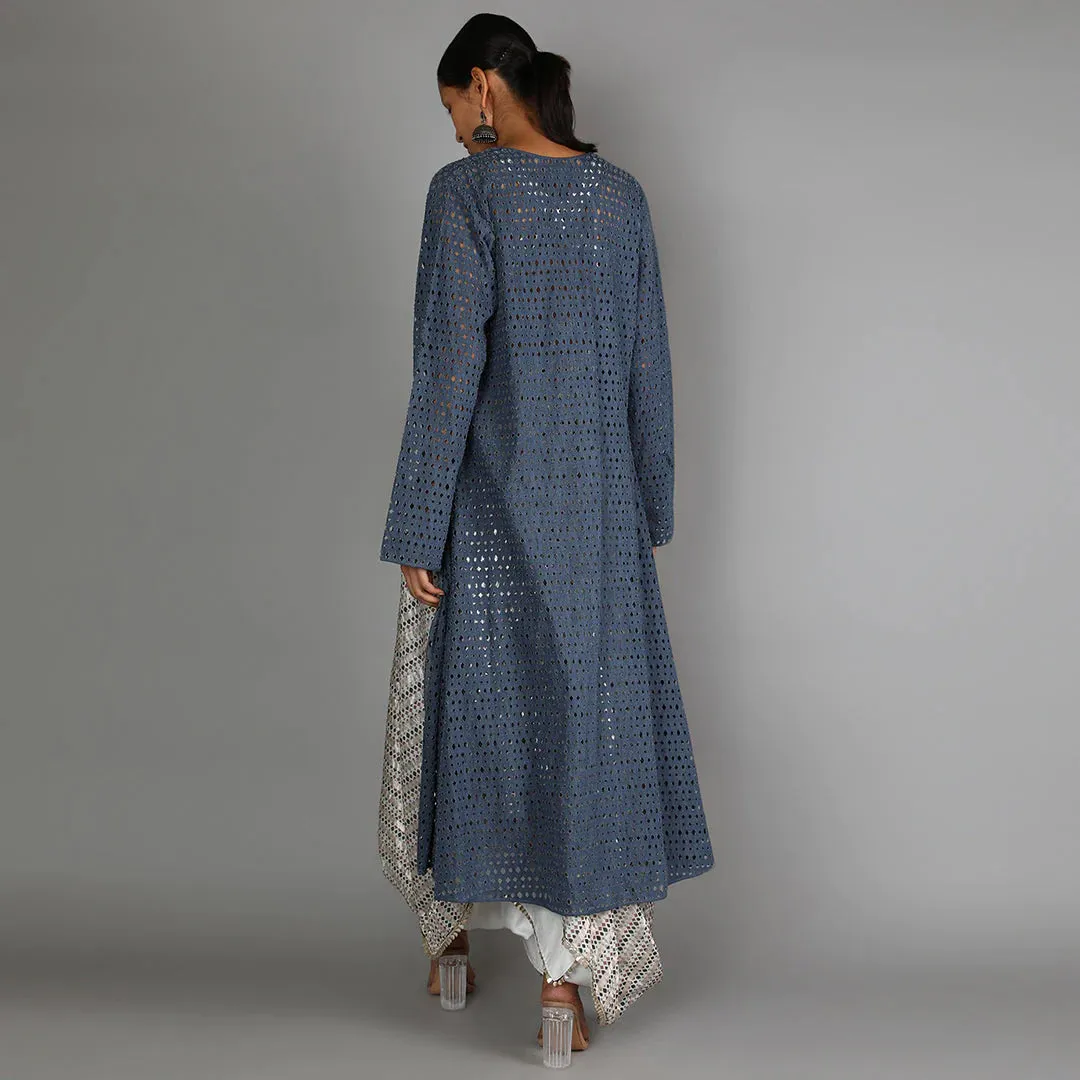 WHITE JAALI PRINT CHANDERI DRAPE SKIRT WITH PRINTED BUSTIER PAIRED WITH DENIM LASER CUT JACKET