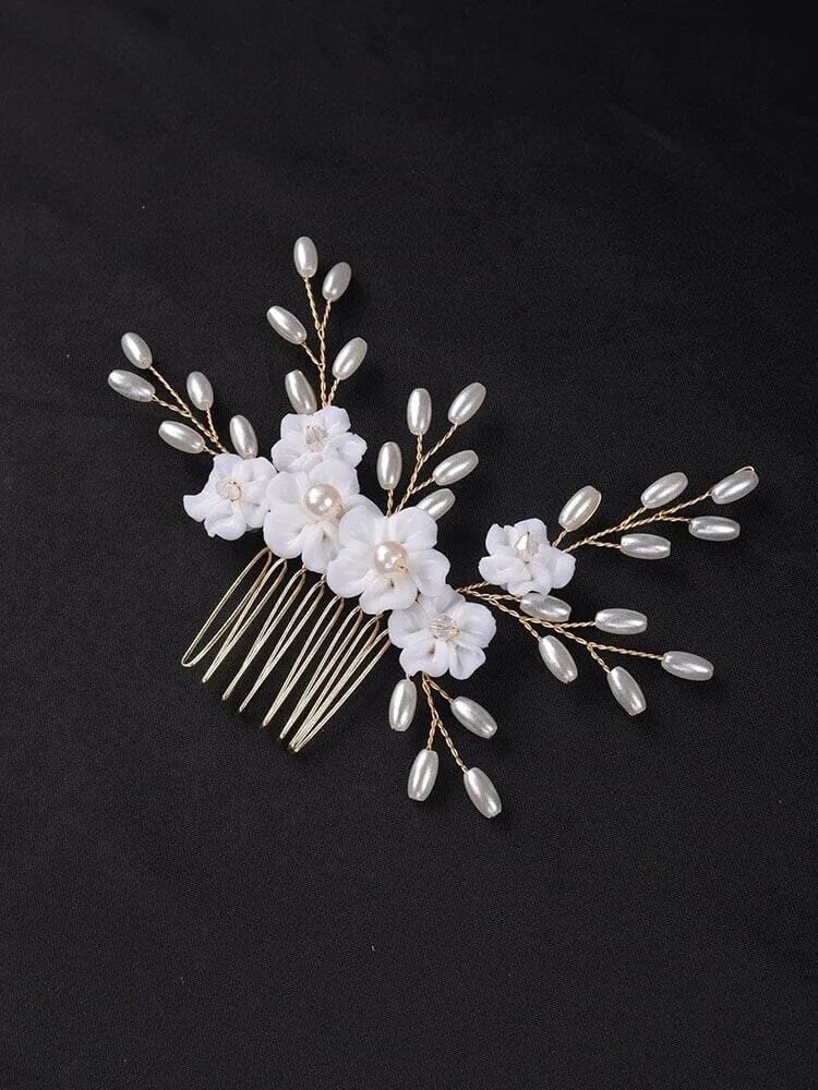 White Porcelain Flower 3 PC Hairpiece Set, Wedding Floral Bridesmaid Hairpins, Bridal Pearl Hair Comb and Hairpins Set