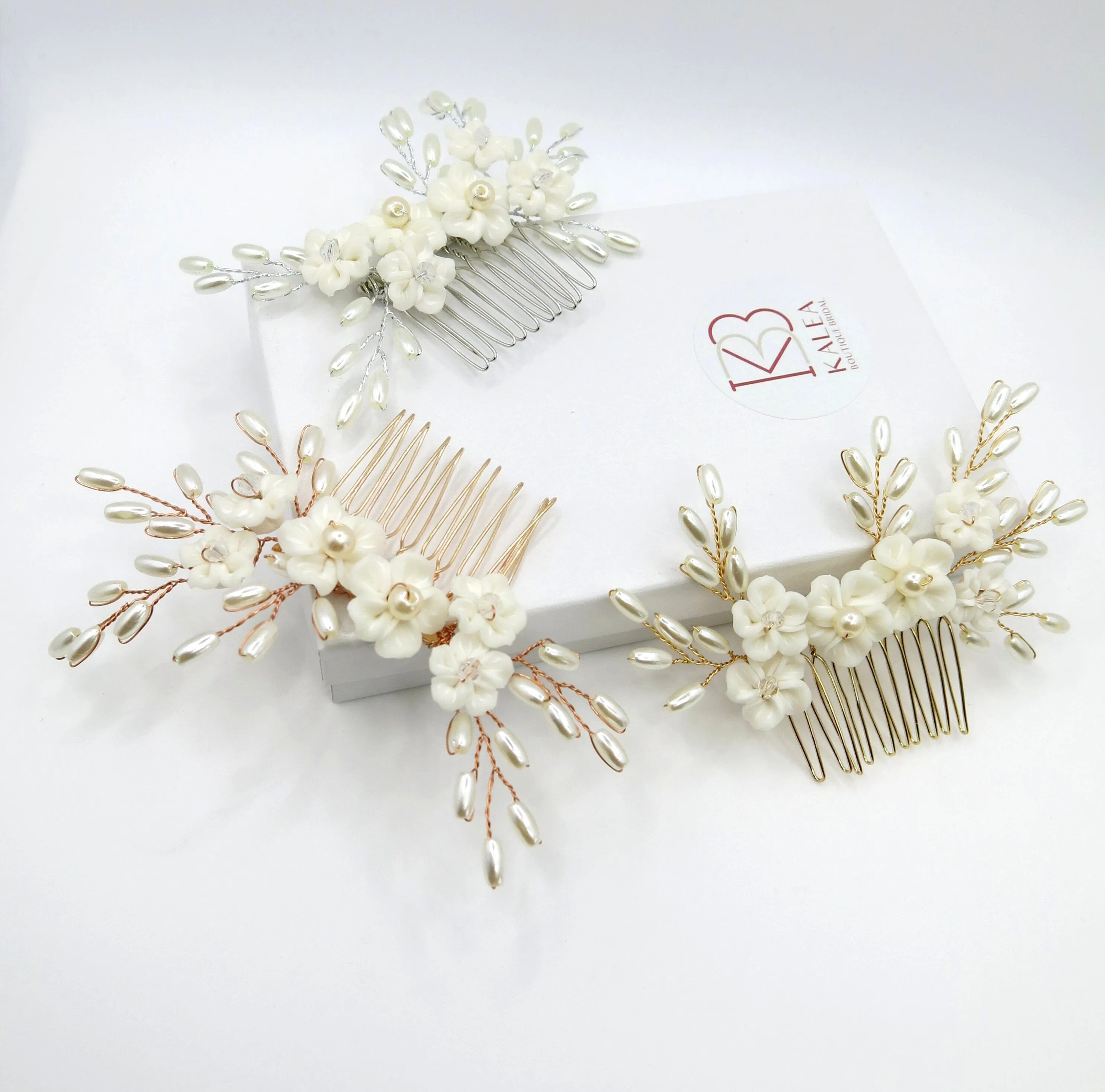 White Porcelain Flower 3 PC Hairpiece Set, Wedding Floral Bridesmaid Hairpins, Bridal Pearl Hair Comb and Hairpins Set