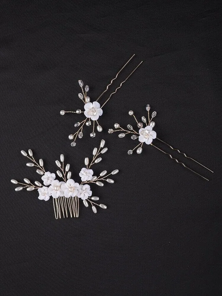 White Porcelain Flower 3 PC Hairpiece Set, Wedding Floral Bridesmaid Hairpins, Bridal Pearl Hair Comb and Hairpins Set