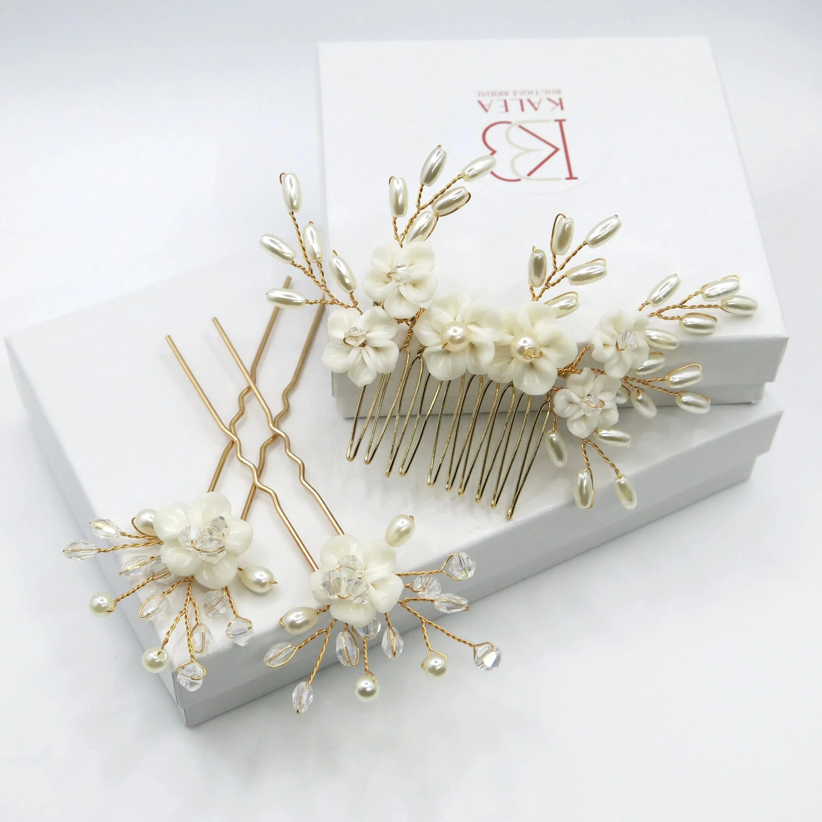 White Porcelain Flower 3 PC Hairpiece Set, Wedding Floral Bridesmaid Hairpins, Bridal Pearl Hair Comb and Hairpins Set