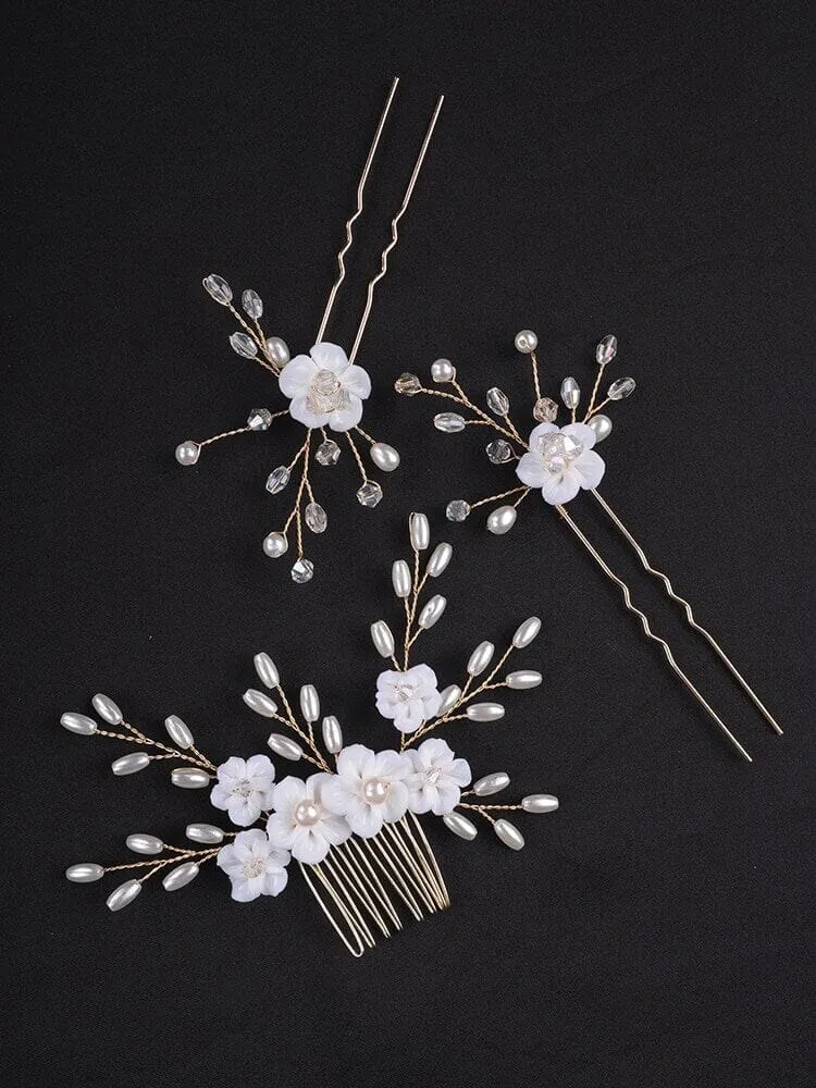 White Porcelain Flower 3 PC Hairpiece Set, Wedding Floral Bridesmaid Hairpins, Bridal Pearl Hair Comb and Hairpins Set