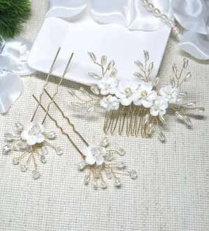 White Porcelain Flower 3 PC Hairpiece Set, Wedding Floral Bridesmaid Hairpins, Bridal Pearl Hair Comb and Hairpins Set