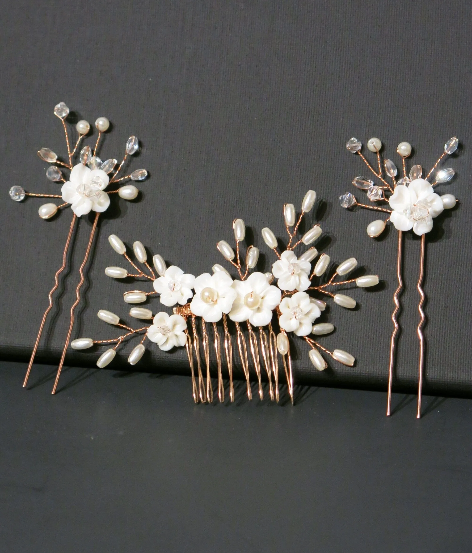 White Porcelain Flower 3 PC Hairpiece Set, Wedding Floral Bridesmaid Hairpins, Bridal Pearl Hair Comb and Hairpins Set