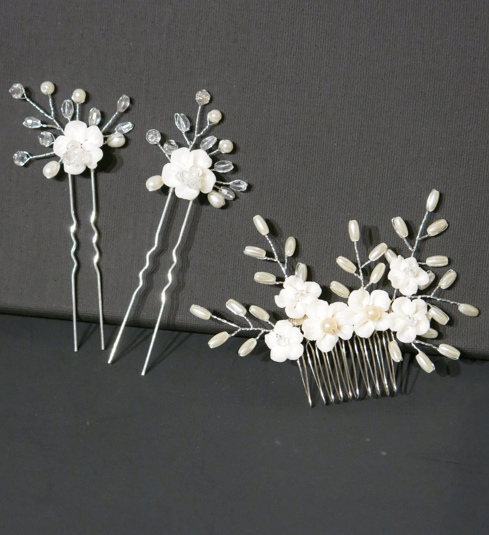 White Porcelain Flower 3 PC Hairpiece Set, Wedding Floral Bridesmaid Hairpins, Bridal Pearl Hair Comb and Hairpins Set