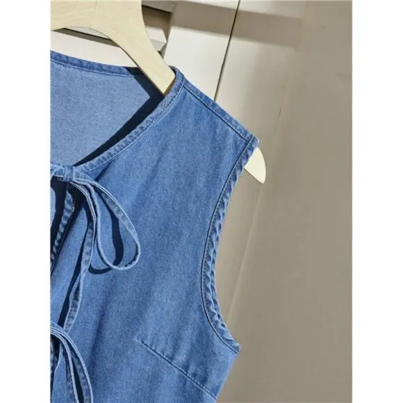 Women's Casual Denim Sleeveless Jacket With Tie Bow And Ruffle Hem, Blue