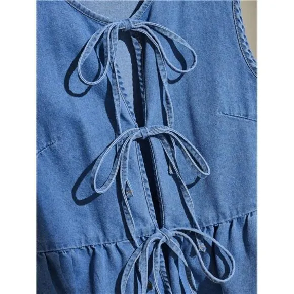 Women's Casual Denim Sleeveless Jacket With Tie Bow And Ruffle Hem, Blue