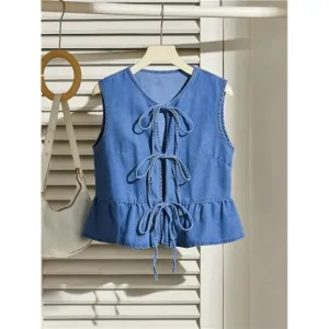 Women's Casual Denim Sleeveless Jacket With Tie Bow And Ruffle Hem, Blue