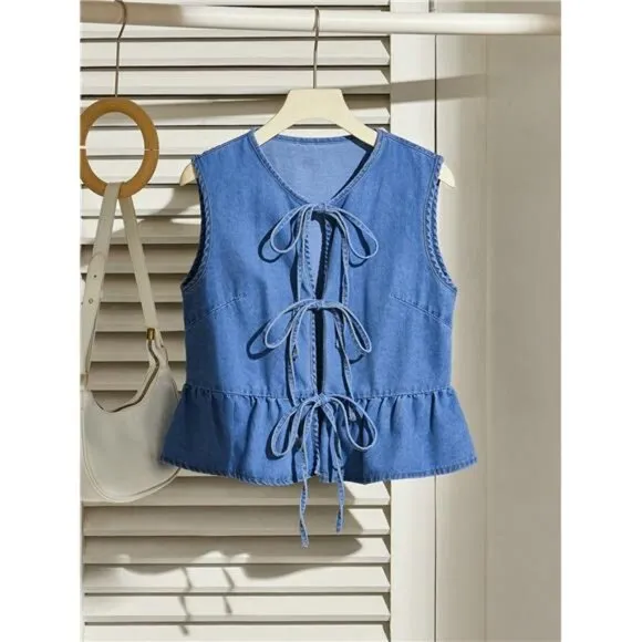 Women's Casual Denim Sleeveless Jacket With Tie Bow And Ruffle Hem, Blue
