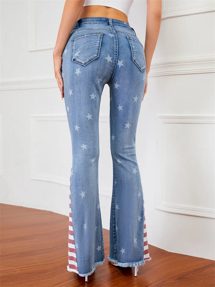 Women's Contrast Color Star Print Fashion Denim Jeans