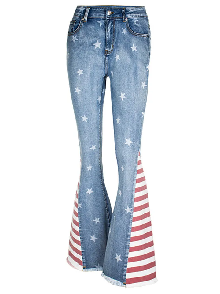 Women's Contrast Color Star Print Fashion Denim Jeans